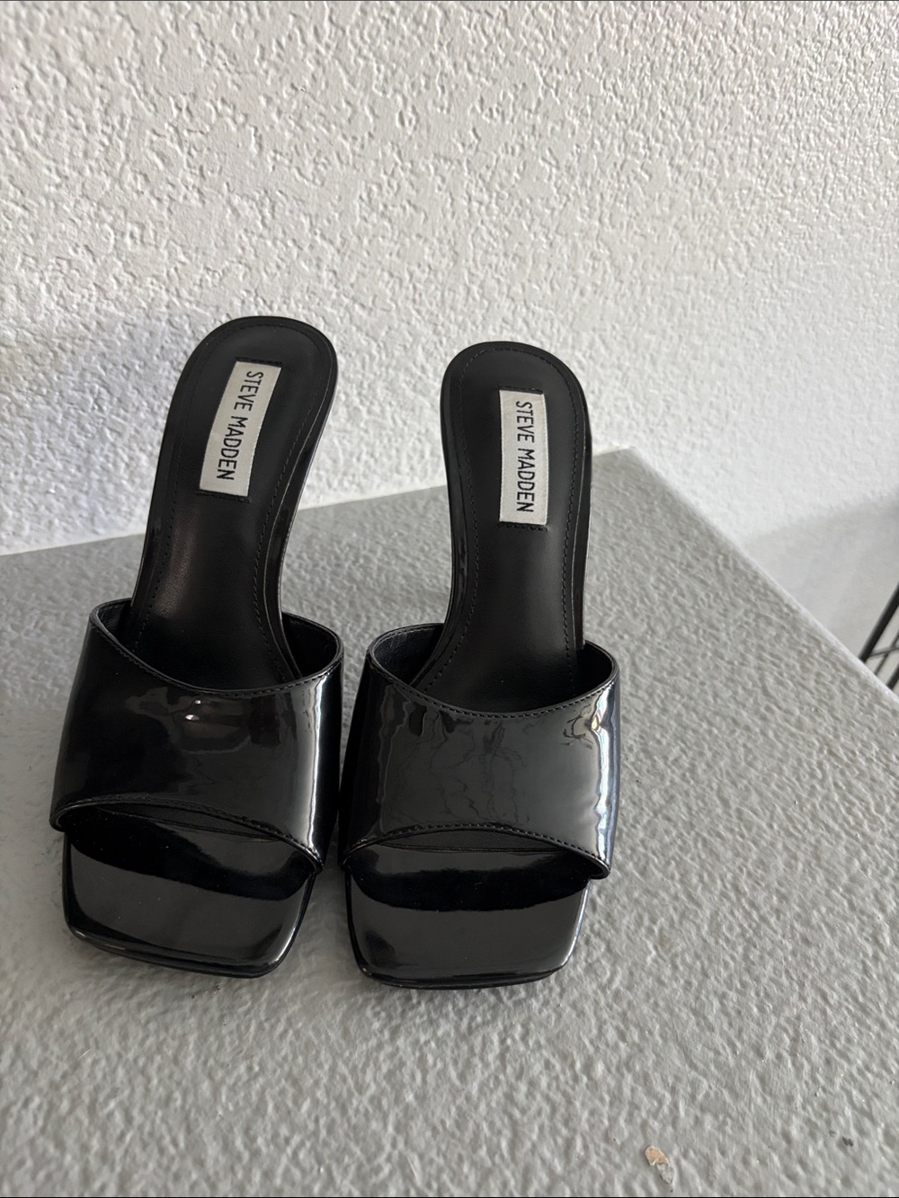 Steve Madden Black Patent Square-Toe Slide Mules